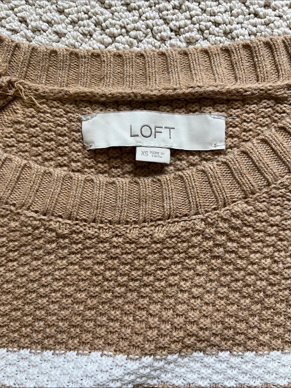 LOFT Camel and White Striped Crewneck Sweater